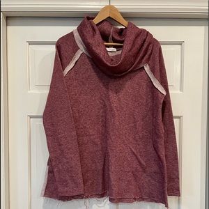 Nic & Lulu Cozy Cowl Neck Pullover Sweater Marled Burgundy, Raw Hem Made in USA